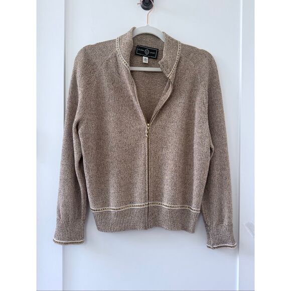 St. John Sport Heather Full Zip Long Sleeve Cardigan Sweater Tan Women's Medium - Picture 1 of 5